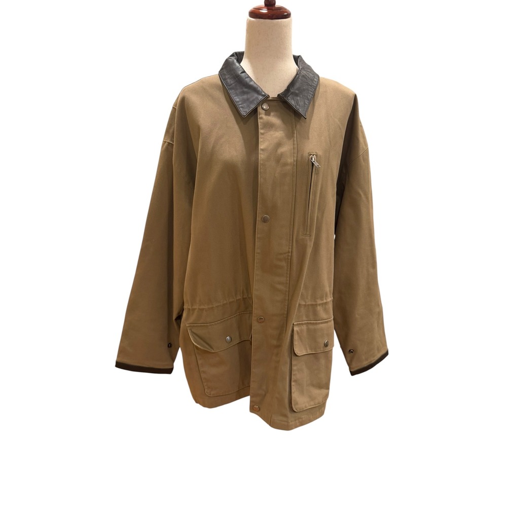 Vintage Tan Canvas Field Jacket Leather Trim Collar Barn Coat Mens XL Brown